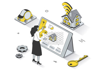 Fototapete - Smart home concept in 3d isometric outline design. Woman controls sensors in house using computer, systems monitoring, security and automation, line web template. Illustration with people scene