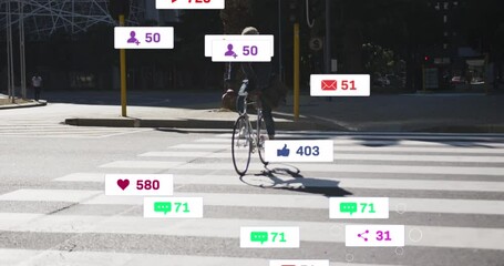 Poster - Animation of media icons over senior african american man cycling