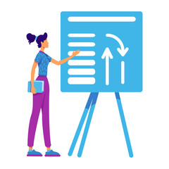 Poster - Female mentee studying corporate processes semi flat color vector character. Standing figure. Full body person on white. Simple cartoon style illustration for web graphic design and animation