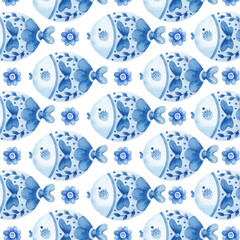  Blue pattern with fish for fabric, ceramics, textile.