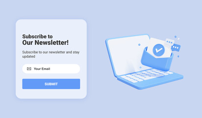 Poster - subscribe to newsletter banner template with laptop and letter envelope. email business marketing co