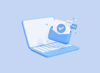 Fototapete - 3D Approved email message with check mark on computer laptop screen. Letter in envelope with tick. Email advertising, direct digital marketing. Cartoon elements isolated on background. 3D Rendering