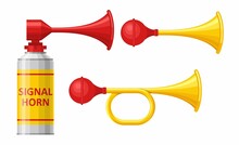 Signal Horn Set Isolated On White Background. Air Horn, Sound Signal. Rubber Bike Klaxon Trumpet. Vector Illustration