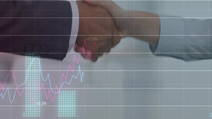 Poster - Animation of financial data processing ove caucasian business people shaking hands