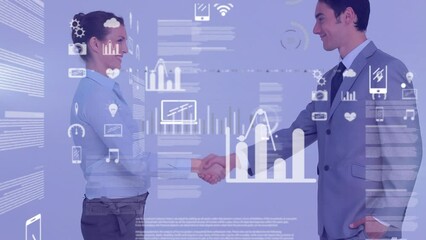 Poster - Animation of financial data processing ove caucasian business people shaking hands