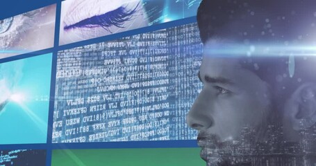 Poster - Animation of data processing and digital screens over caucasian man