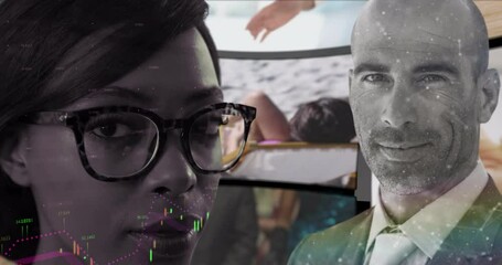 Poster - animation of data processing and digital screens over diverse business people