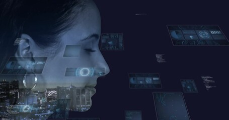 Poster - Animation of data processing and caucasian woman over cityscape