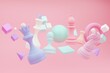 Abstract chess 3D illustration. Many pastel chess pieces and geometric figures on a pink background.