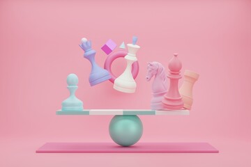 Chess pieces on a balance board. 3D conceptual creative background in trendy candy pastel colors. Illustration for your best design.