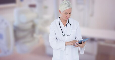 Sticker - Animation of caucasian female doctor using tablet over blue ribbon