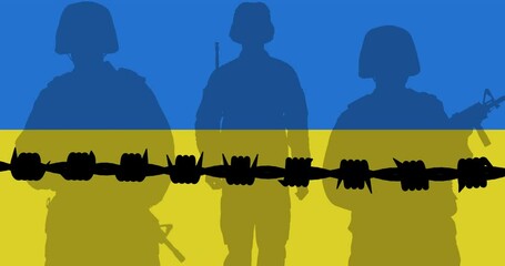Poster - Animation of barbed wire and soldiers silhouettes over flag of ukraine