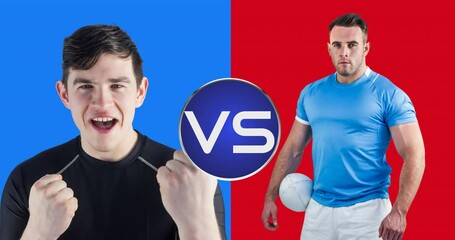 Poster - Animation of caucasian male rugby players over blue and red background