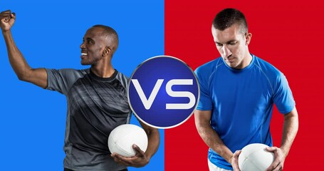 Poster - Animation of diverse male rugby players holding balls over blue and red background