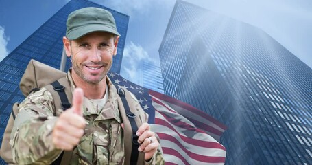 Wall Mural - Animation of caucasian male soldier over flag of usa and skyscrapers