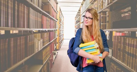 Poster - Animation of book week text over caucasian female student holding books in library