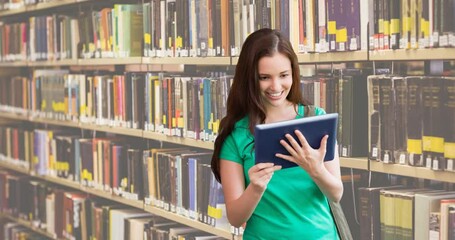 Canvas Print - Animation of book week text over caucasian female student holding tablet in library