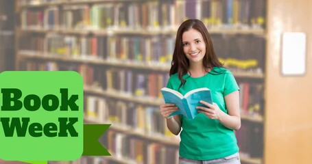 Poster - Animation of book week text over caucasian schoolgirl holding book in library
