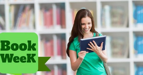 Poster - Animation of book week text over caucasian schoolgirl with tablet in library