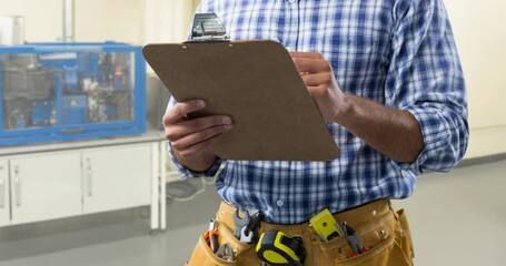 Poster - Animation of caucasian male worker with clipboard over office