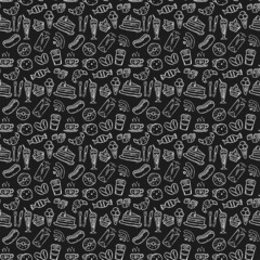 Seamless cafe vector pattern.Seamless coffee shop vector patter.Doodle vector with cafe icons on black background. Vintage coffe shop icons,sweet elements background for your project, menu, cafe shop