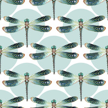 Retro Seamless Graphic Pattern With Watercolor Dragonflies And Blue Circles