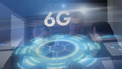 Poster - Animation of 6g text and scope scanning over diverse business people using laptops in office