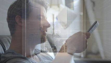 Poster - Animation of cityscape over caucasian businessman using smartphone