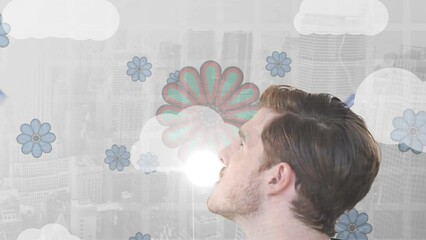 Poster - Animation of caucasian businessman over cloud icons and cityscape