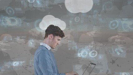 Poster - Animation of caucasian businessman over cloud icons and data processing