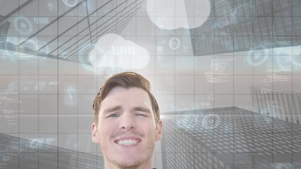 Poster - Animation of caucasian businessman over cloud icons and cityscape