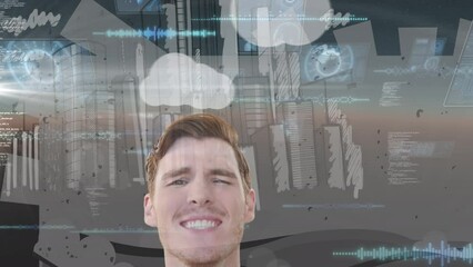Poster - Animation of caucasian businessman over cloud icons and cityscape