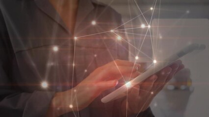 Poster - Animation of network of connections over hands of caucasian woman working on tablet