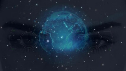 Poster - Animation of network of connections and woman's face over globe
