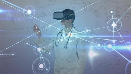 Poster - Animation of network of connections with equations over caucasian female doctor wearing vr headset
