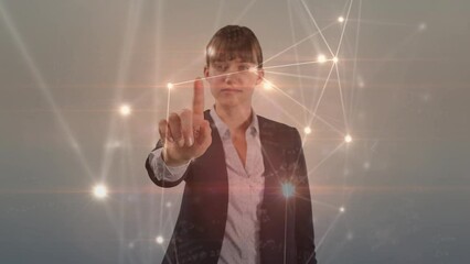 Poster - Animation of network of connections with glowing spots over caucasian businesswoman
