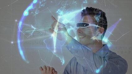 Poster - Animation of network of connections with glowing globe over caucasian man wearing vr headset
