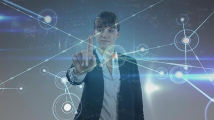 Poster - Animation of network of connections with equations over caucasian businesswoman