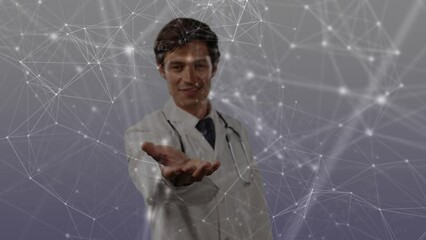 Poster - Animation of network of connections with equations over caucasian male doctor