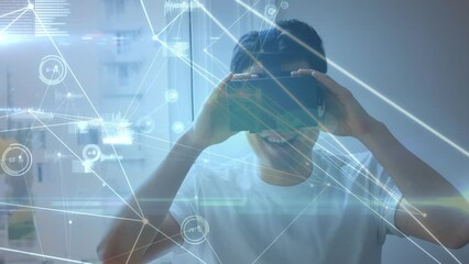 Poster - Animation of network of connections over asian man wearing vr headset