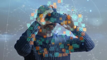 Poster - Animation of network of connections with icons over caucasian man wearing vr headset