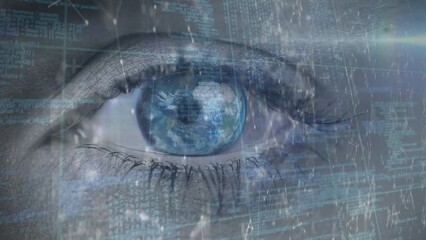 Poster - Animation of data processing and binary coding over blue eye