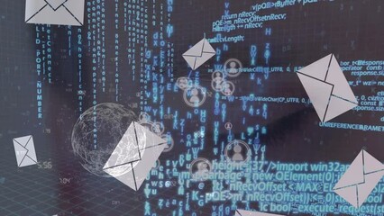Poster - Animation of data processing, envelopes and digital people icons over globe