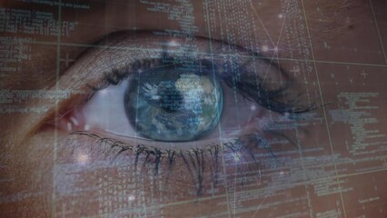 Poster - Animation of data processing and binary coding over blue eye