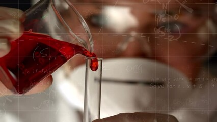 Poster - Animation of scientific data over female lab worker pouring reagent into glass