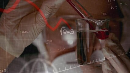 Poster - Animation of graph and math data over female lab worker pouring reagent into glass