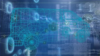 Animation of rotating car model and binary code over network of connections and clouds