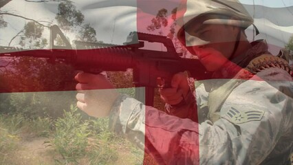 Poster - Animation of flag of england over caucasian male soldier with weapon