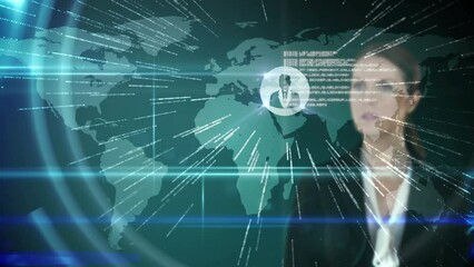 Poster - Animation of globe and network of connections with people icons over caucasian businesswoman