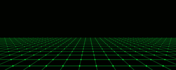 Abstract green perspective grid. Digital background in retro style. Cyber landscape on black background. Vector illustration.